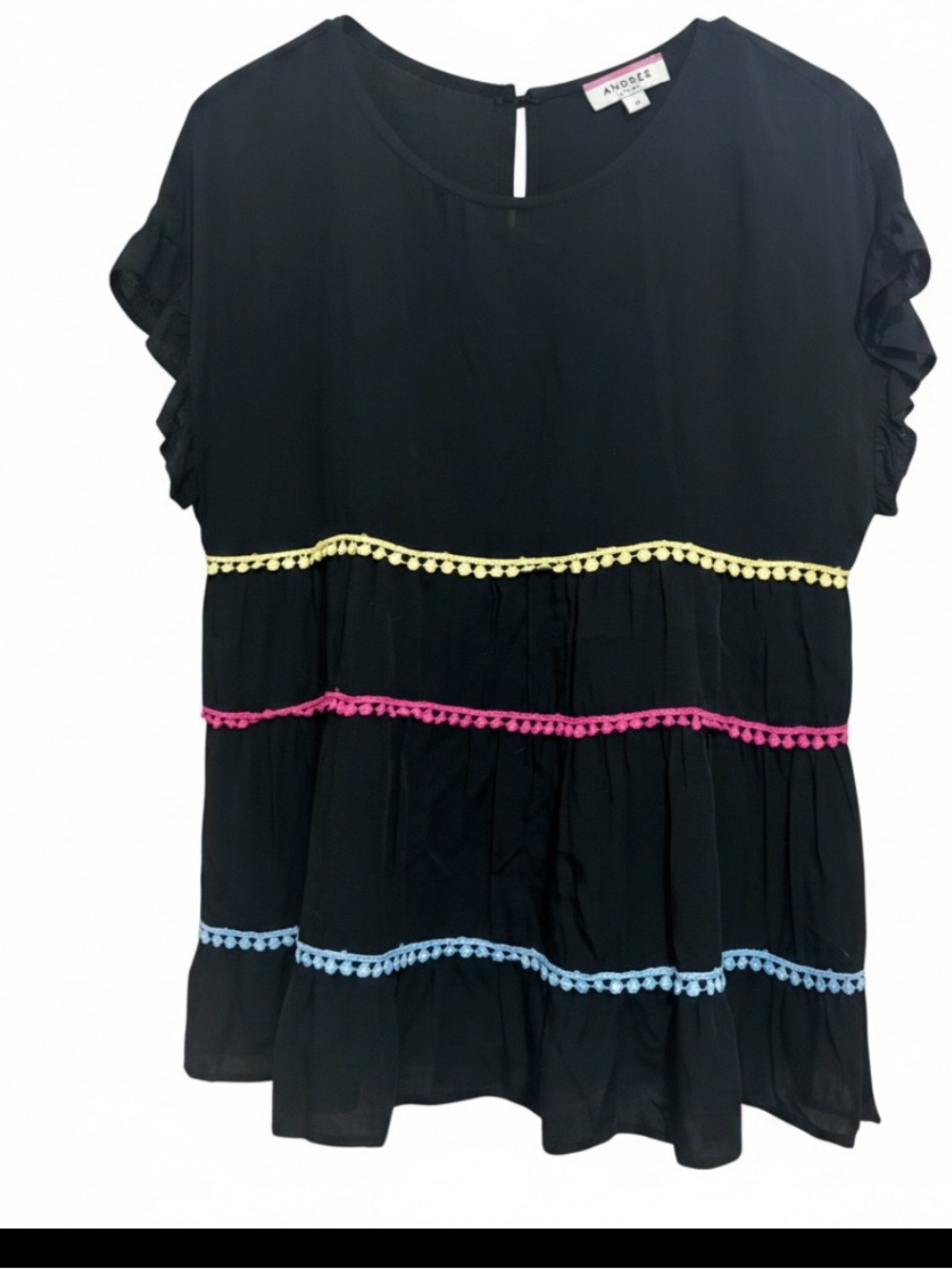 ANDREE BY UNIT Black Short-Sleeve Tiered Tunic with Yellow, Pink & Blue Trim